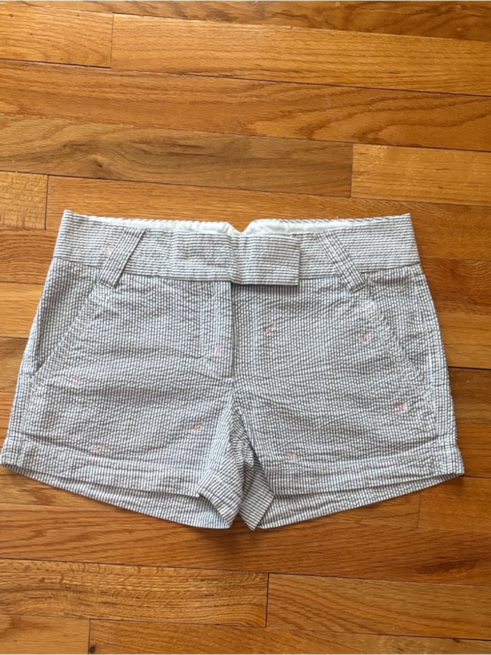 J. Crew Blue and White w Pink Anchors Seersucker High-Waist Shorts